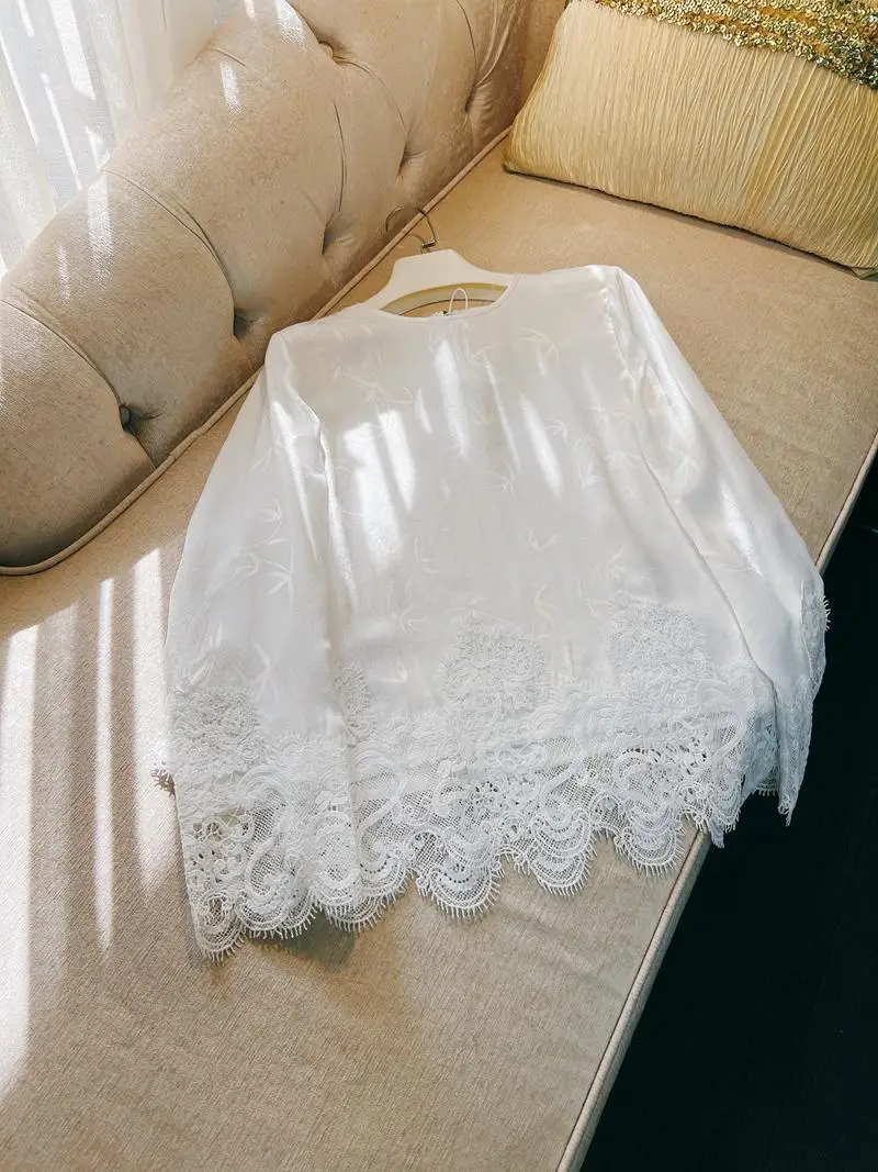 

Ele White Bamboo Le Patterned Lounging irt Manin Sle Женские длинные све полиэфирное волокно обычной длины Ne