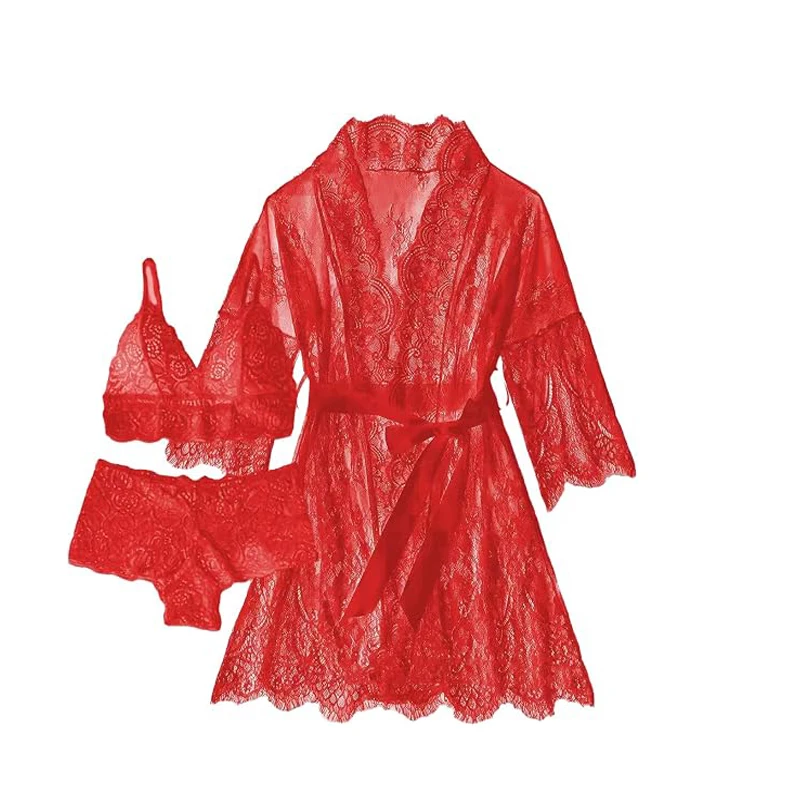 

Women Sexy Lingerie Set Bra&Underwear Bathrobe Set with Lash Lace Waves with Robe Sleepwear Mesh see-through Lingerie Nightgown