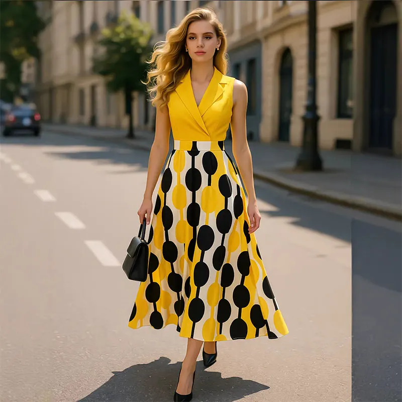 Womens Summer Sleeveless Geometry Print Patchwork Dress V-neck Design High Waist Cut Elegant A-Line Casual Party Swing Dress