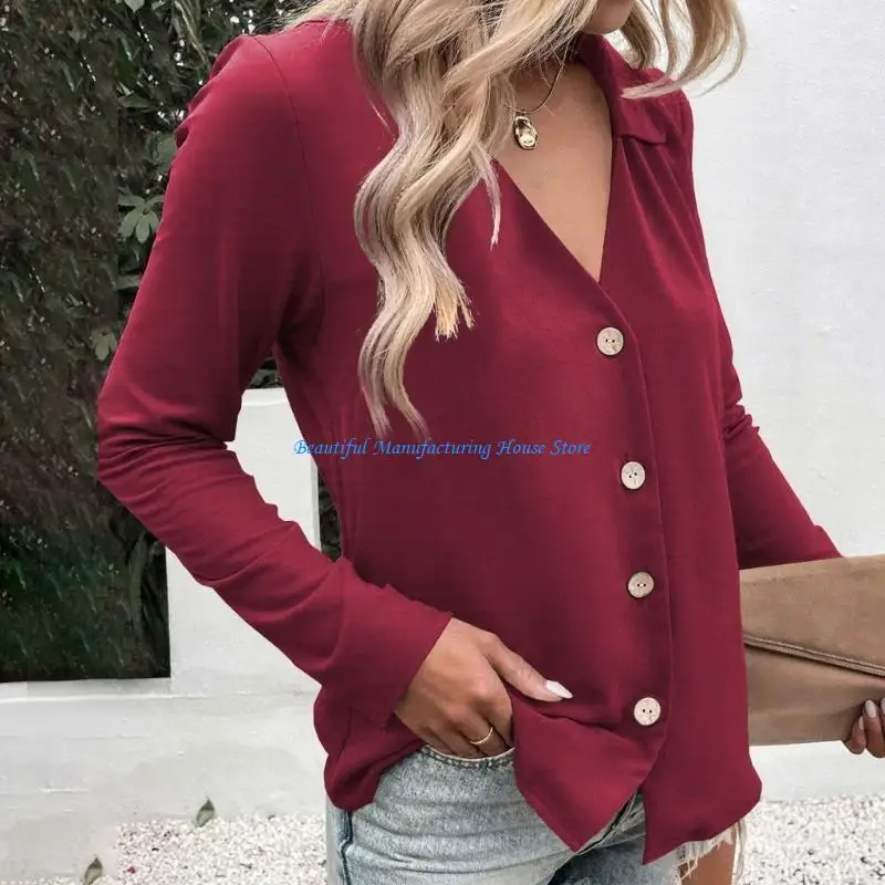 

E56A Женские рубашки на пуговицах с длинным рукавом, однотонные офисные повседневные деловые блузки с V-образным вырезом, топы
