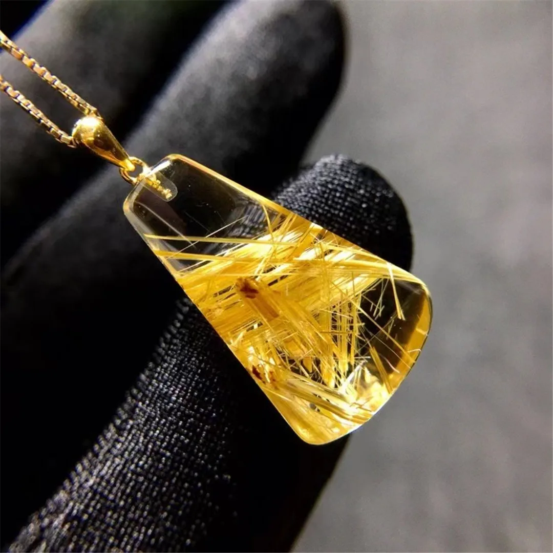 Top Natural Gold Hair Rutilated Quartz Pendant For Woman Man 18K Gold Crystal 21x13x7mm Beads Energy Gemstone Jewelry AAAAA