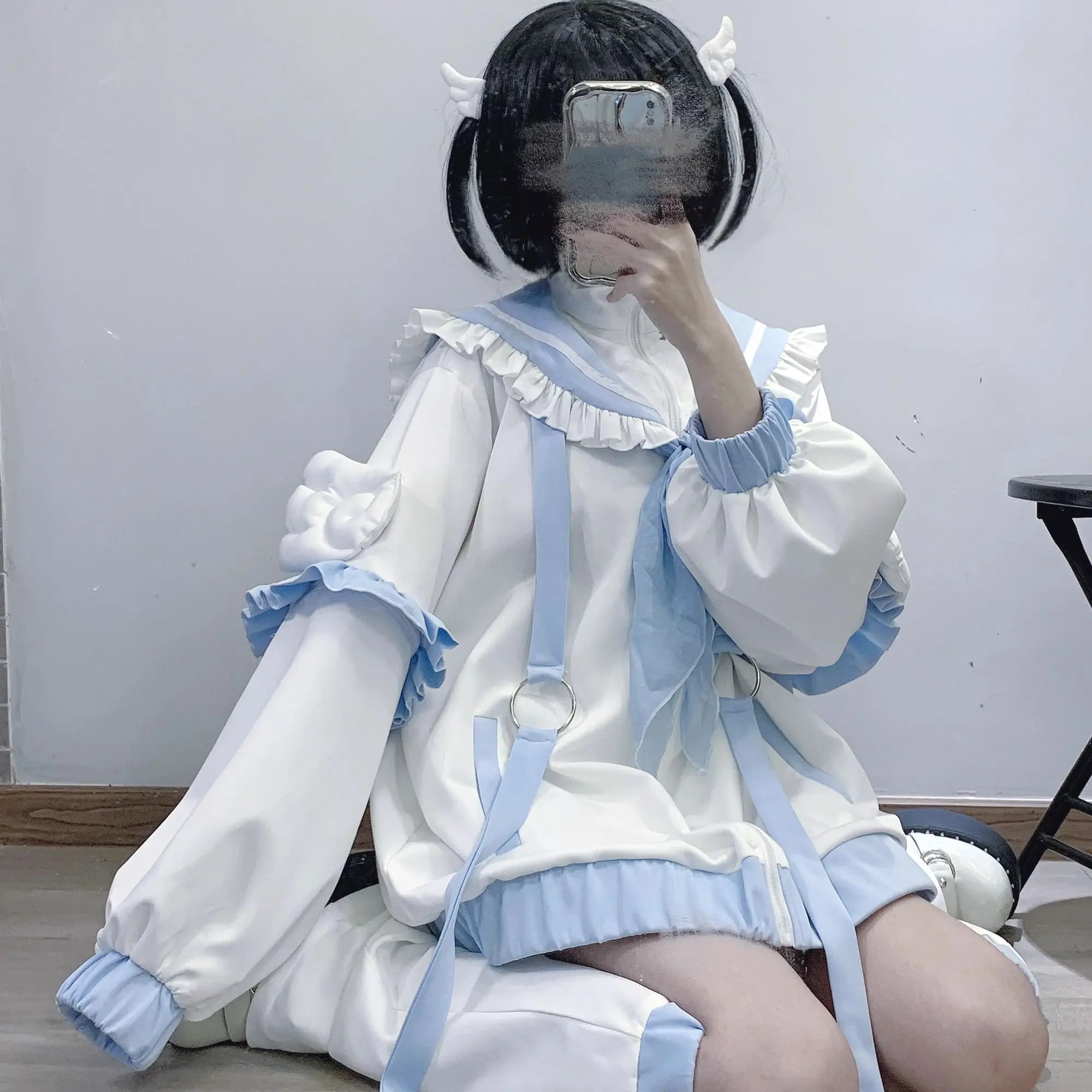

Японский Y2k Эстетический свитшот на молнии с рюшами Kawaii толстовки женские с нашивкой в виде крыльев Salior воротник гранж свободная толстовка с капюшоном верх гетры