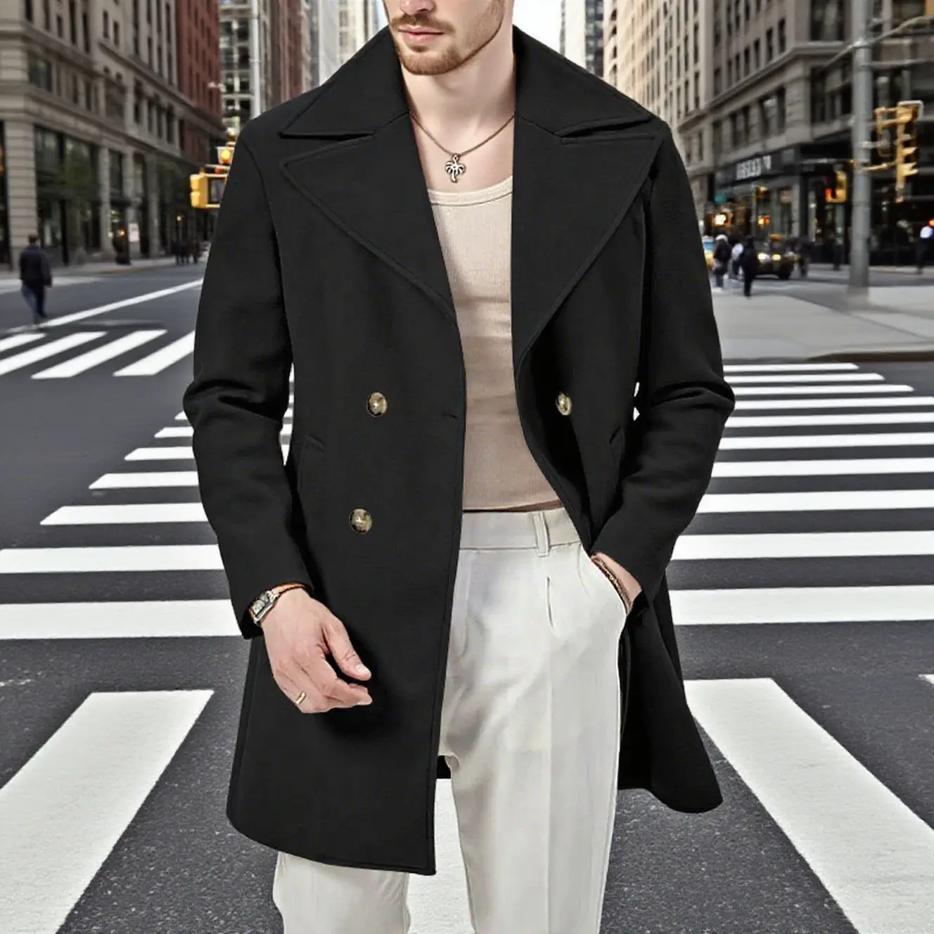 Men's Autumn Winter Leisure Lapel Double-breasted Mid-length Overcoat Male Classic Solid Slim Fit Outdoor Trench Coat Outerwear