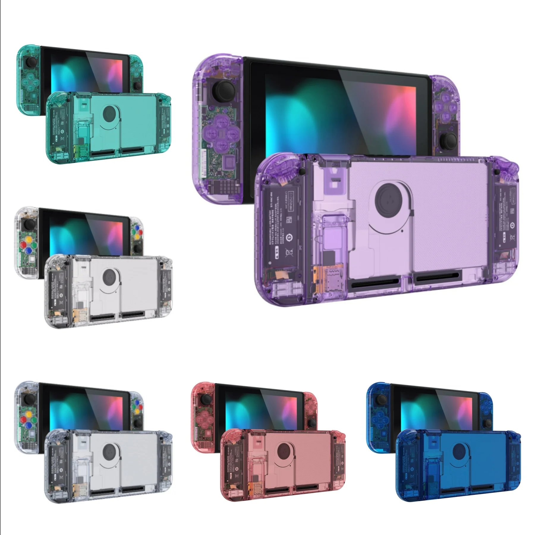 extremerate-nsスイッチ、joycon、ハンドヘルドグリップ、キックスタンド用のフルセットボタンを備えた交換用バックシェル-クリアシリーズ、diy