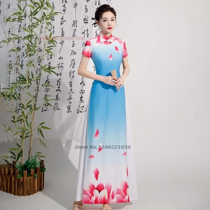 2025 vietnam aodai dress traditional chinese improved qipao national flower print cheongsam dress vintage evening banquet dress