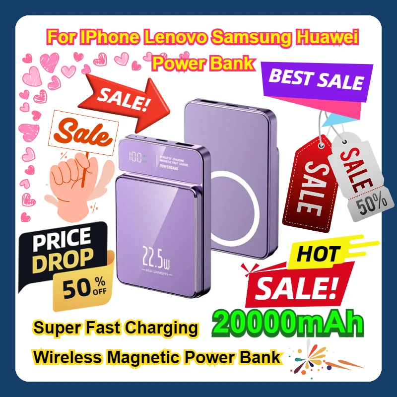 

For IPhone Lenovo Samsung Huawei Power Bank 20000mAh Wireless Magnetic Power Bank Super Fast Charging Suitable