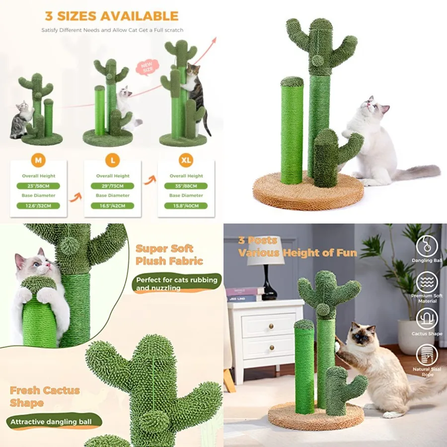 

Cat Scratching Post Cactus Cat Scratcher Featuring with 3 Scratching Poles and Interactive Dangling Ball -Large 27 Inch