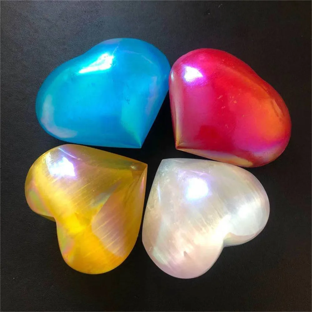 1pcs Natural Polychrome Electroplated Selenite Crystal Heart Aura Light Healing Witchcraft Stone For Room Decor Gift