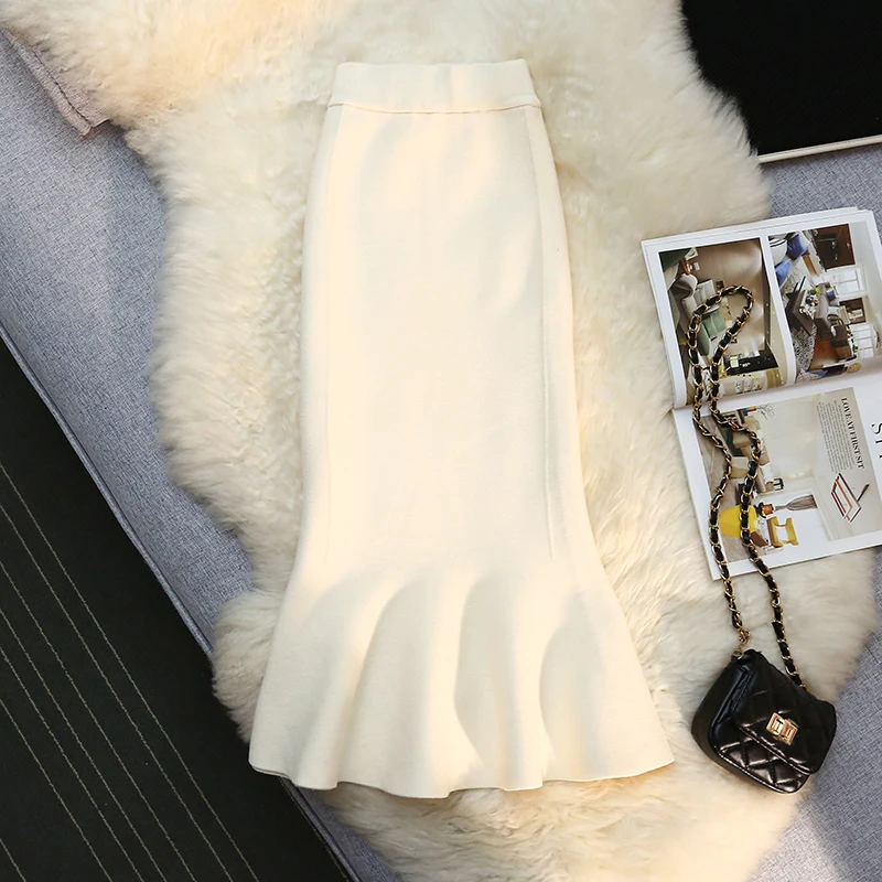 

High Waist Knitted A-Line Fi Tail Skirt Women's Autumn Winter Casual Straight Pure Color Commute Sle f-length Skirt