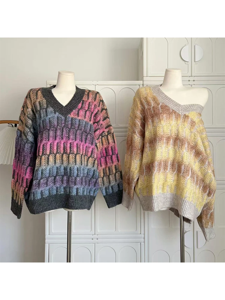 Fall Winter Women Korean Oversize Tie Dye Sweater Thick Knitwear 2000s Aesthetic V-neck Colorful Pullover Designer Jerseys New