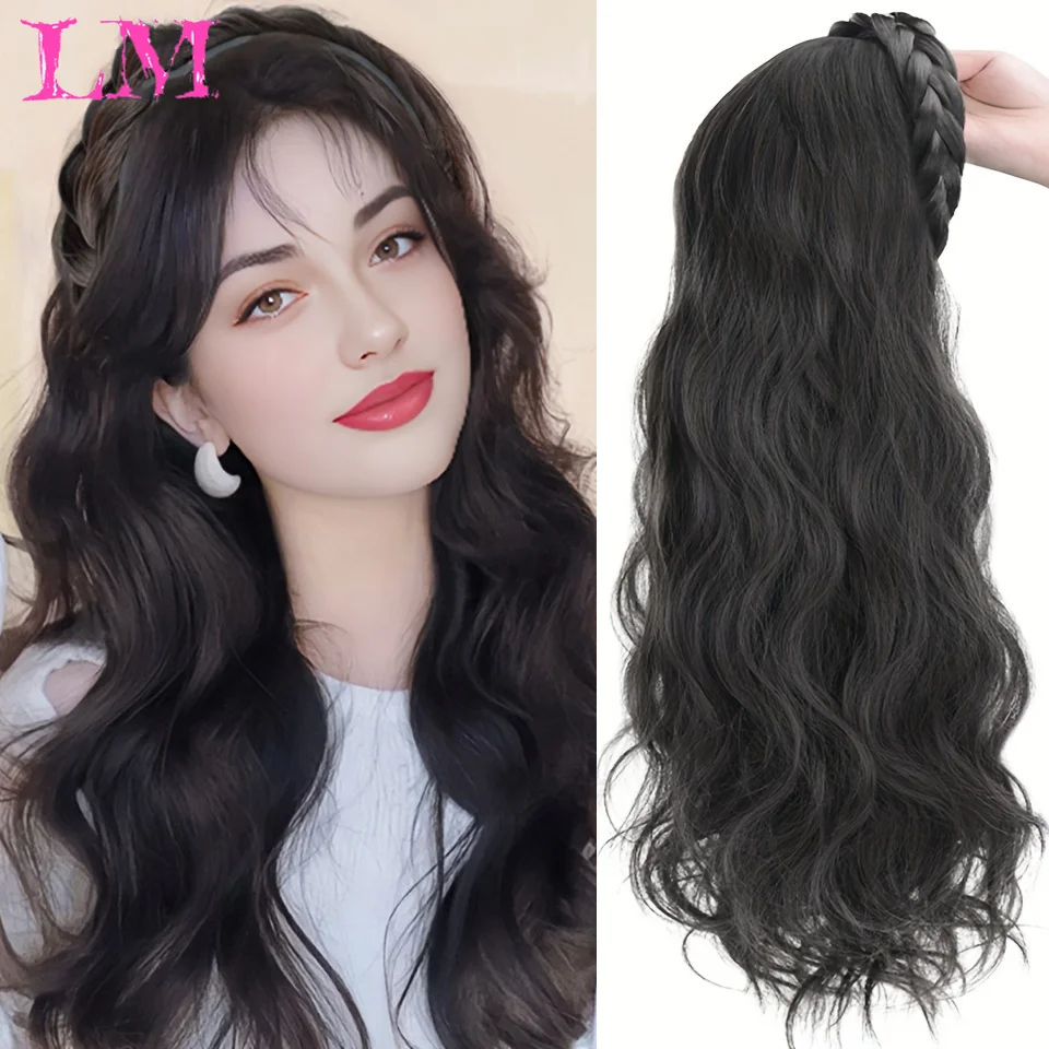 

LM Synthetic Long Wavy Headband Wig Black Brown Women's With Twist Braid Hairband Accessories Natural Half Wig