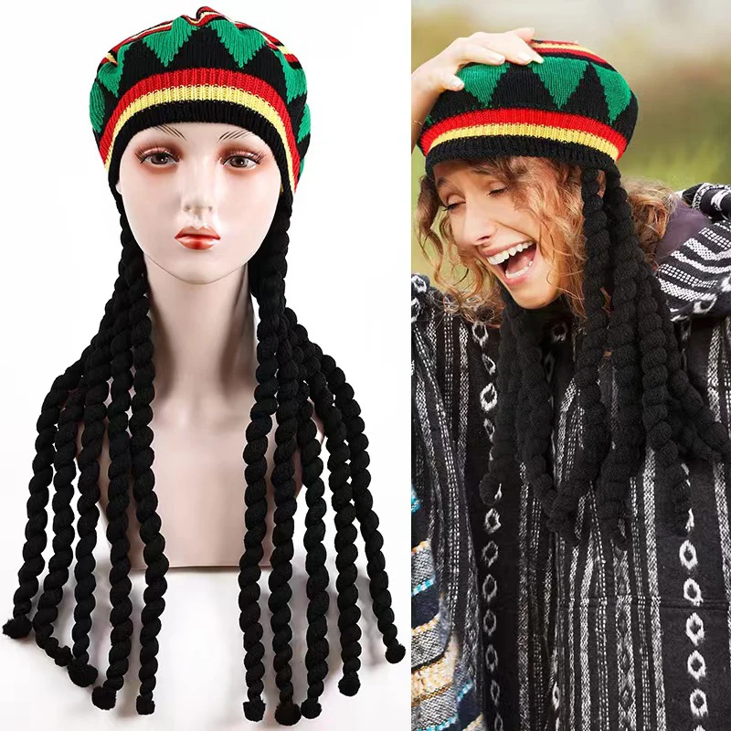 Reggae Hat With Dreadlocks Comfortable Braid Hat Wig Ethnic Style Reggae Beret Woolen Knitting Hat For Costume