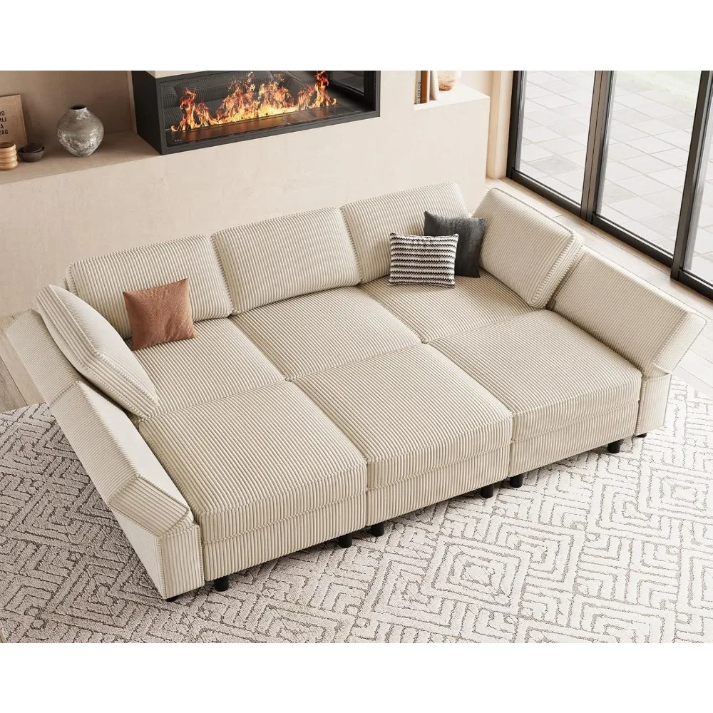 Modular Sectional Sofa with Deep Storage Seat, Corduroy Convertible 6 Seat Sleeper, Comfy Living Room Furniture, 88.6