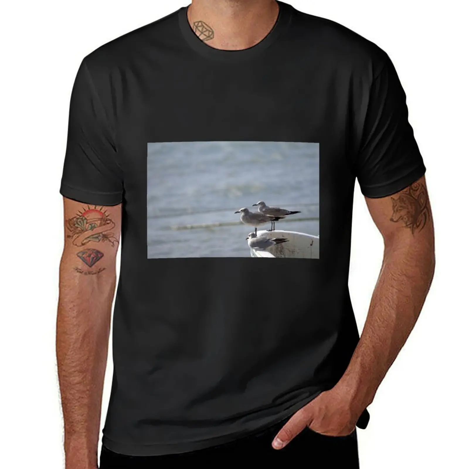 Three Seagulls Overlooking The Ocean From a Boat. T-Shirt korean fashion sublime mens tall t shirts