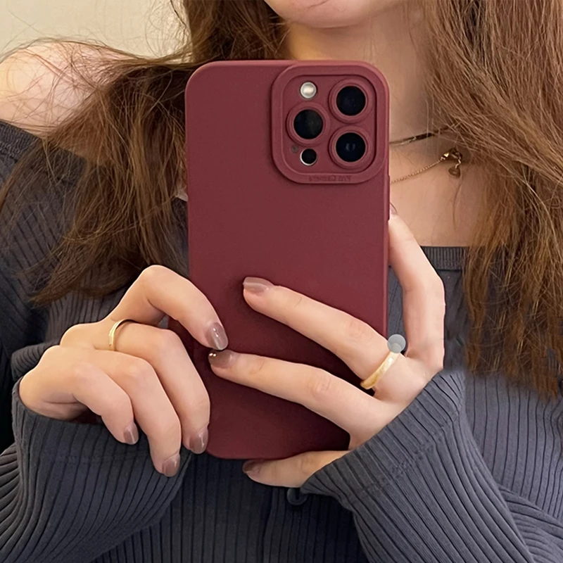 Wine Red Liquid Skin Silicone Phone Case For iPhone 17 Pro Max 16 15 13 14 12 11 Pro Max 16 Plus Soft Shockpoof Back Cover Shell