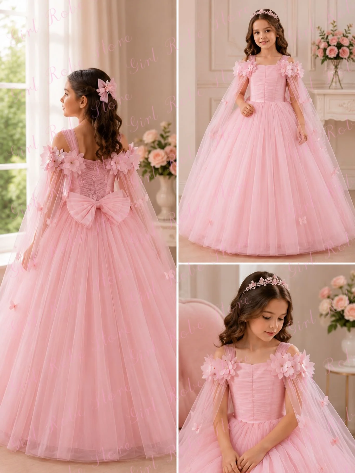 Customized Pink Flower Girl Dress For Wedding Tulle Puffy 3D Floral With Bow Shawl Elegant Princess Birthday Pageant Ball Gown