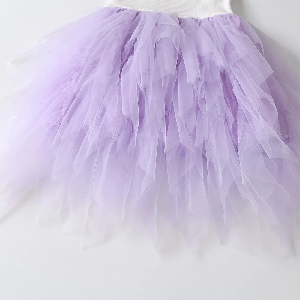 VIKITA Kinder-Kleid in Lila mit Muschel-Stickerei, gestrickt, für Mädchen, Sommer, ärmellos, unregelmäßig, für Party, Tanz, elegantes Tutu-Kuchenkleid – Detail 6