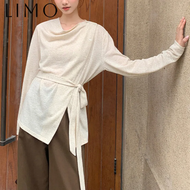 

LIMO Asymmetrical Draped Neckline Knit Cardigan - Side Slits, Belted(Tie Waist/Neck) Slim Elegant Relaxed Lazy Fashion Versatile