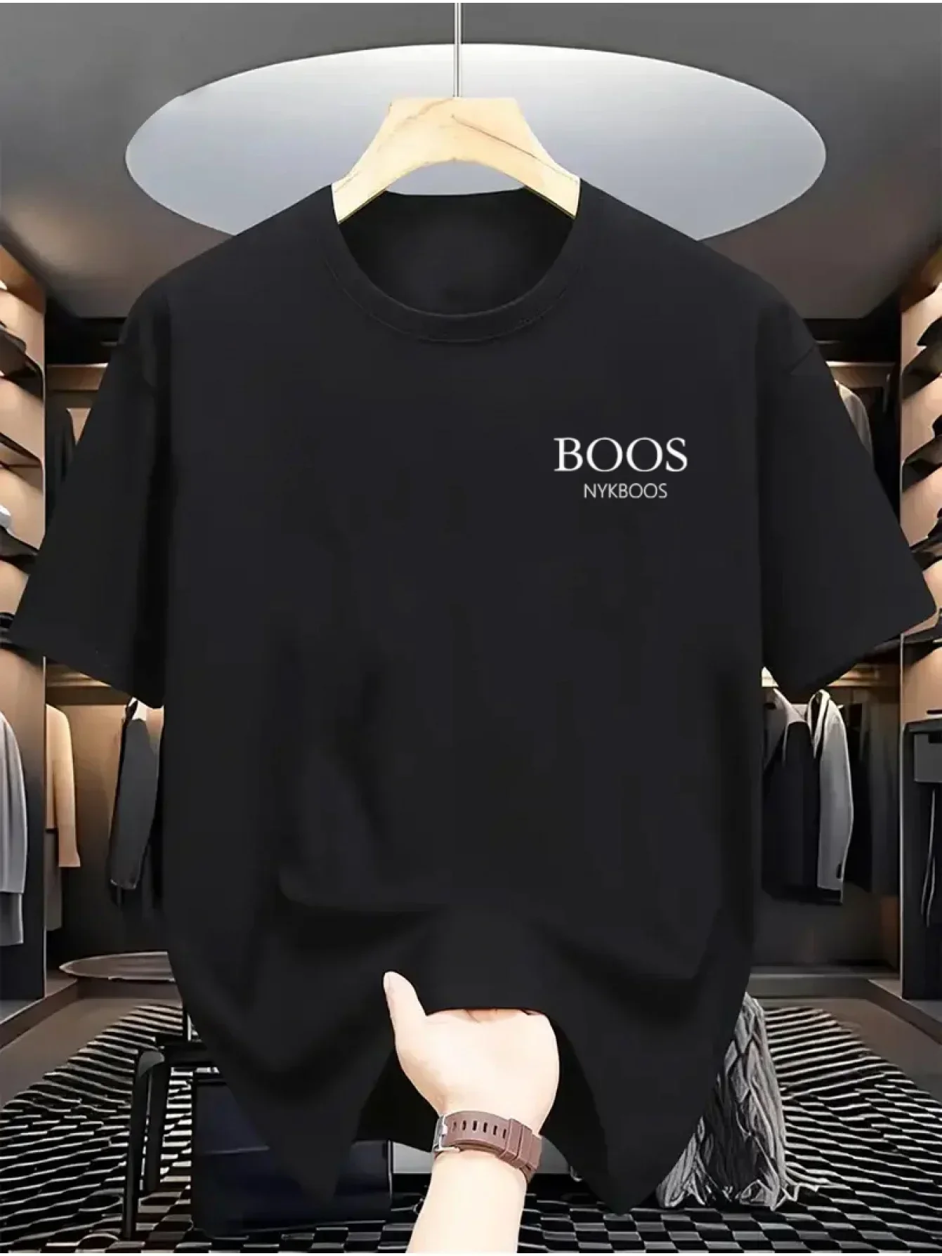 

Boos Men's Round-neck Soft Cotton T-shirt 2025 Modern Graphic Design All-Black Comfortable Casual Wear for All Seasons