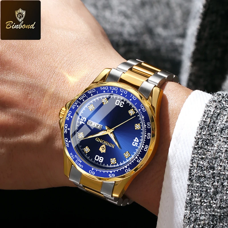 BINBOND العلامة التجارية الفاخرة الذهبي ساعة كوارتز الرجال الغوص مقاوم للماء الفولاذ المقاوم للصدأ حزام الأصلي ساعات رجالية Relogio Masculino