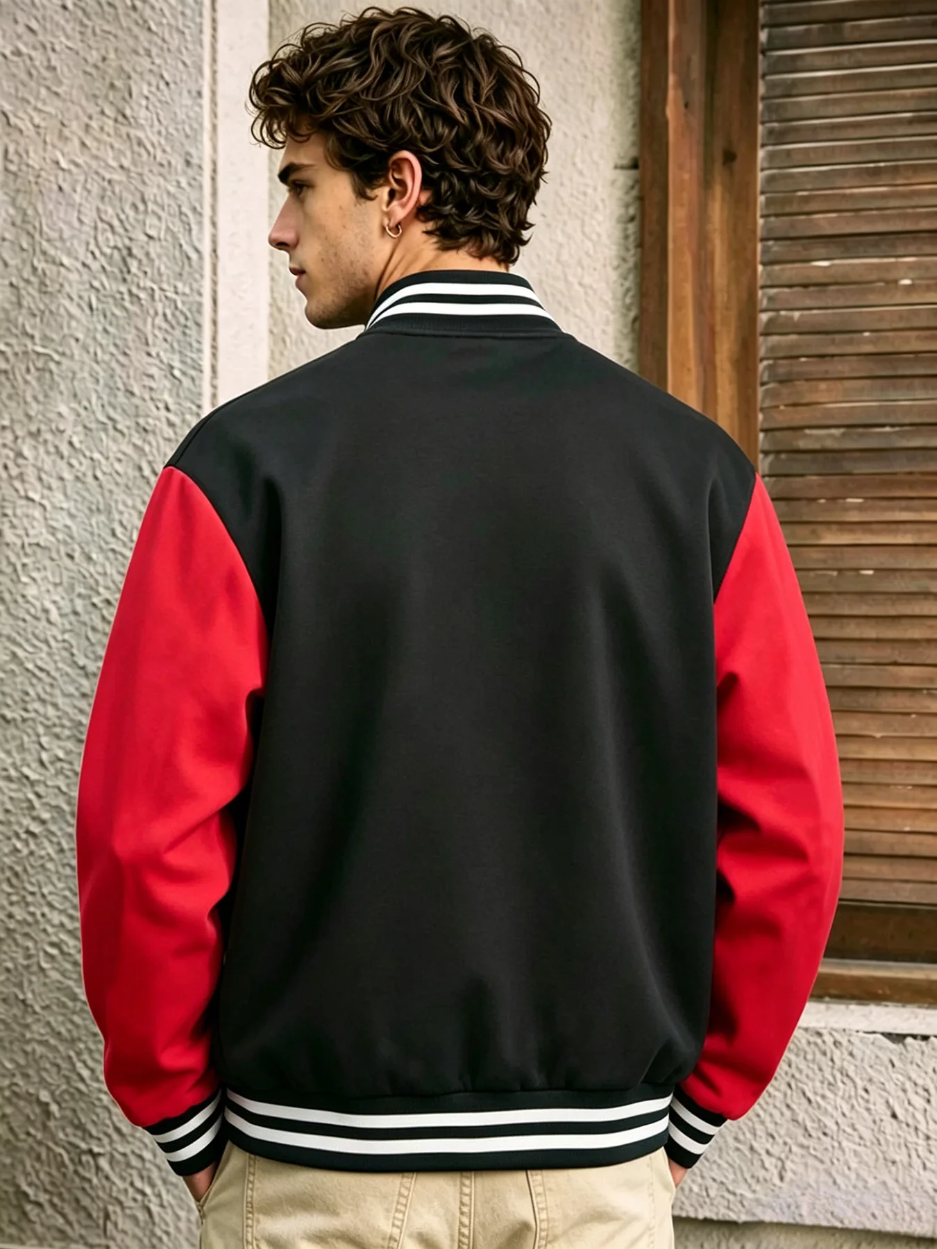 Men Colorblock Raglan Sleeve Varsity Jacket Striped Rib Collar Cuff Hem Snap ButtonBaseball Coat Side Pockets Soft Skin Friendly