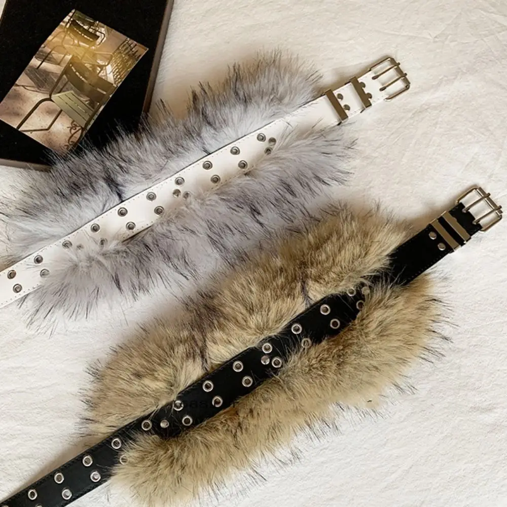Personality PU Leather Leather Fur Belt Faux Fur Rivet Furry Waistband Korean Style Spicy Girl Style Y2K Waistband Daily
