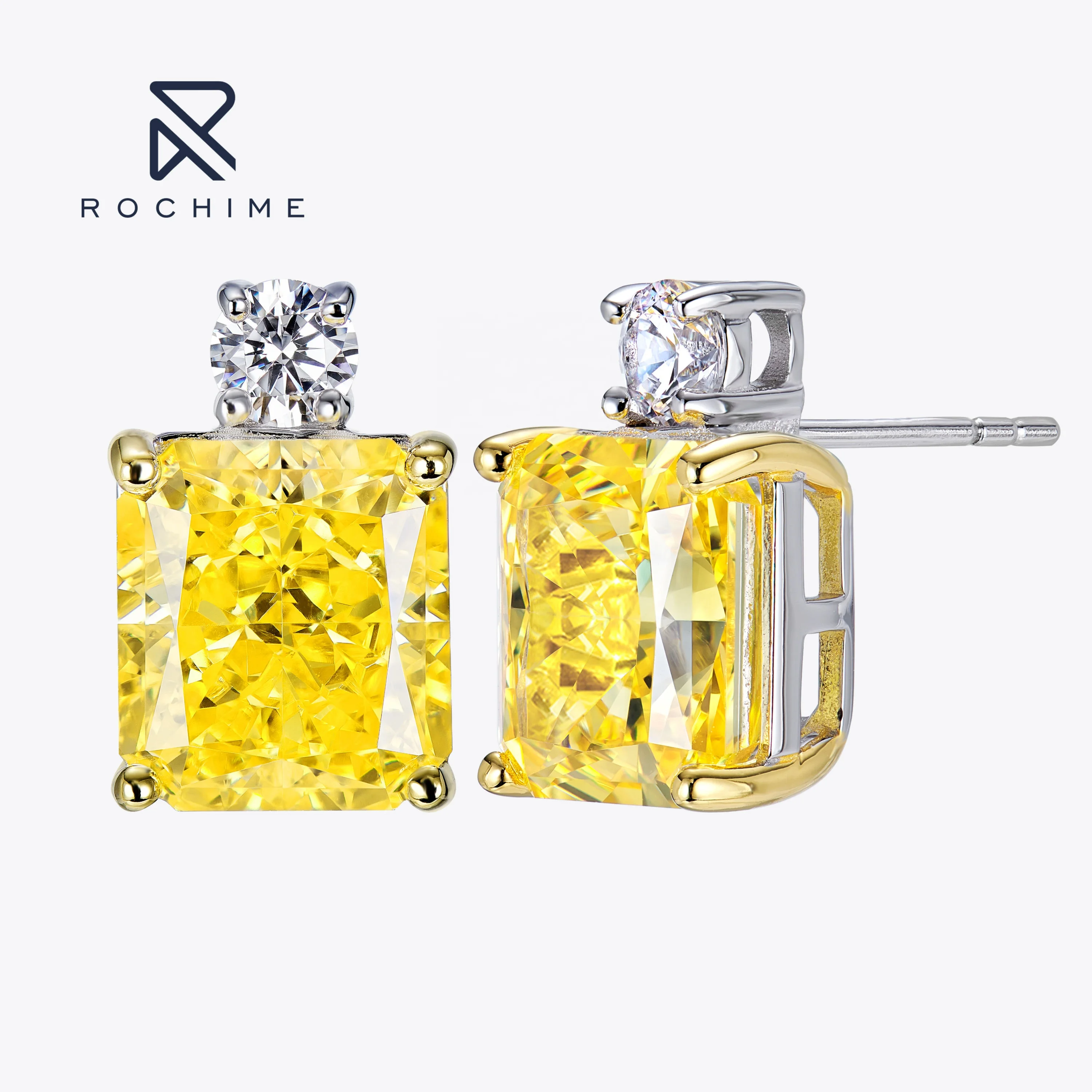 

Rochime High End Radiant Cut Stud Earrings S925 Silver Gold Plated 5a Zircon Jewelry For Women