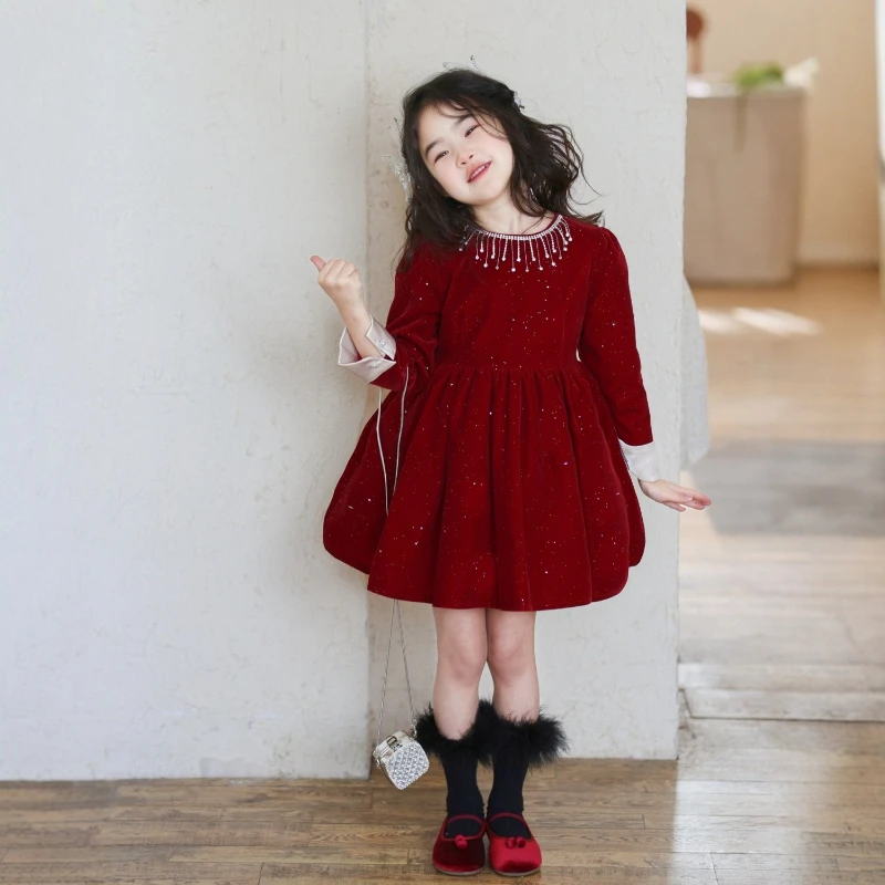 Red Velvet Girls Dress New Sequin Princess Gown Performance Party New Year Children Celebration Outfit Childrens Formal Clothes