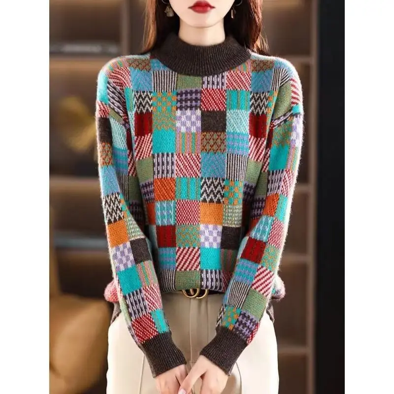 Half High Neck Contrasting Checkered Knitted Sweater Women's New Loose Jacquard Knitted Base Sweater