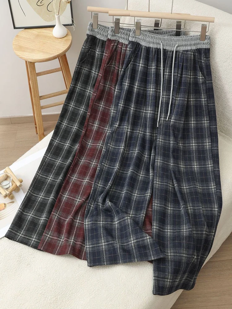 Pantalones de pierna ancha a cuadros Vintage para mujer, ropa de calle Y2K de otoño, Pantalones rectos de retales, pantalones deportivos con cordón de cintura alta Harajuku