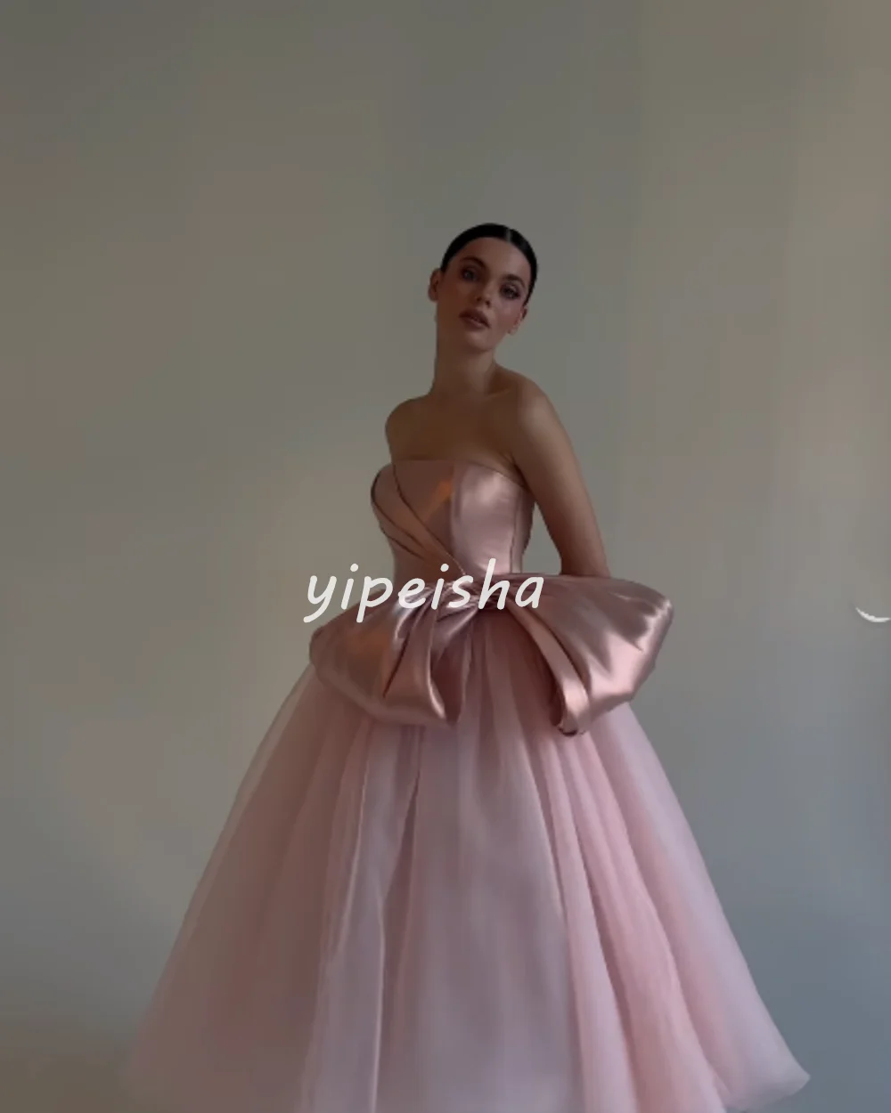 Customized High Quality Elegant Tulle Bow Pleat A-line Strapless Midi Dresses Bespoke Occasion Dresses Sizes Available Matching