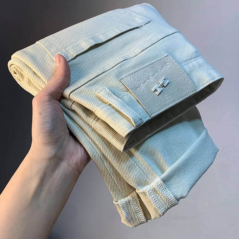 Pure white jeans for men in summer, thin stretch, small straight leg, casual trend, commuting versatile pants for men