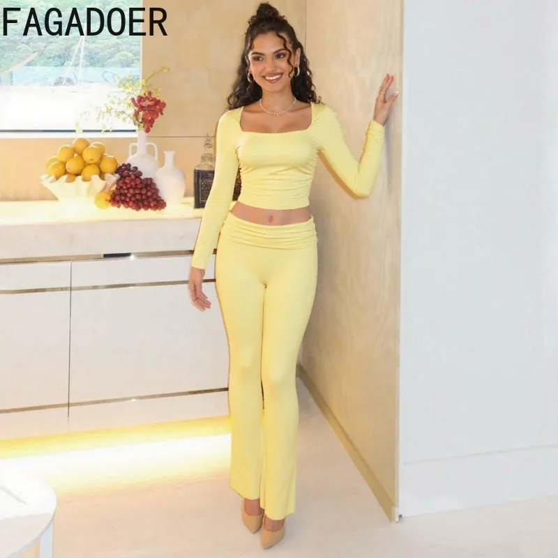 FAGADOER Casual Sporty 2 Pieces Set for Woman Solid Color Square Neck Long Sleeves Crop Top and Pants Outfits Female Streetwear