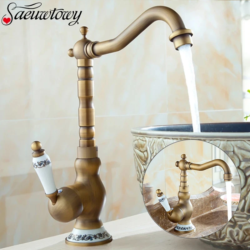 

Antique Brass Ceramic Handle Basin Faucet Antique Rotatble Bathroom Faucet Kitchen Faucet Hot Cold Mixer Crane Kitchen Faucet