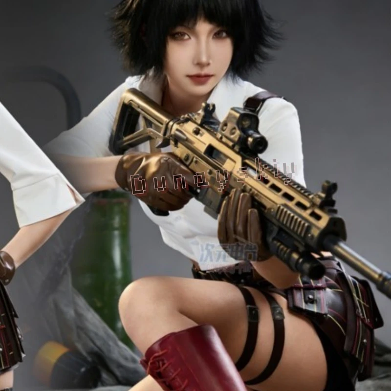 Disfraz de cosplay Ghost Cry DMC Lady Badge de 58 mm, conjunto de top corto blanco y falda a cuadros, falda de cuero para mujer, Halloween, Comic Con