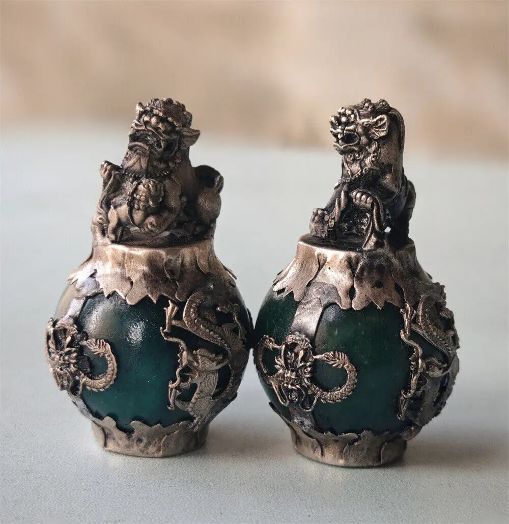 tibet silver Old Jade Carving Figures Dragon Phoenix lion foo dog Statue