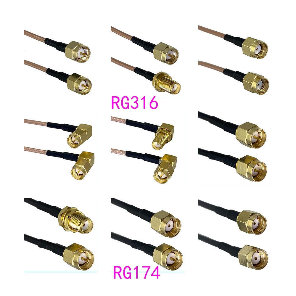 RG316 RG174 Kabel męski SMA do wtyczki męskiej SMA i żeńskiej nakrętki gniazda grodziowego prosty i kątowy zworka RF pigtail 4 cale ~ 5M