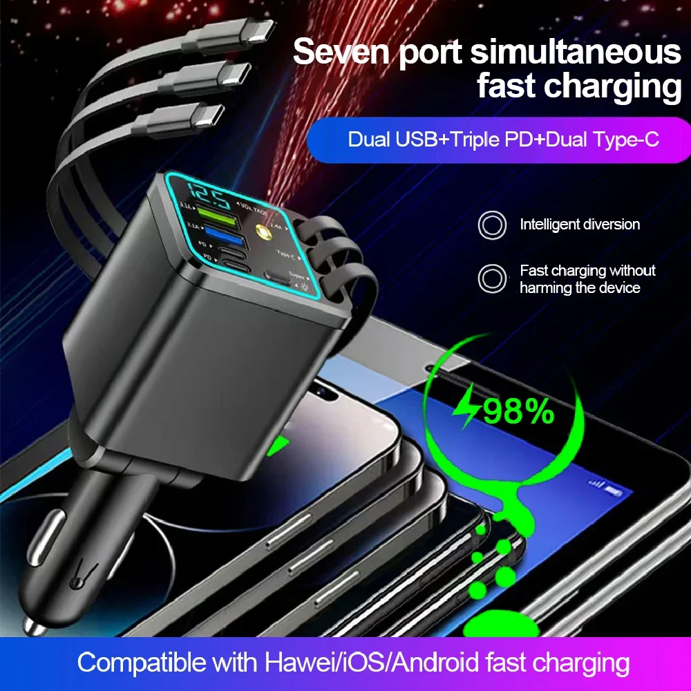 180W Autoladegerät mit Dach-Sternenhimmel-Design, schnellem Laden, einziehbarem Kabel und 4 Ladeanschlüssen, Spannungsreguliertes Telefonladegerät für Android