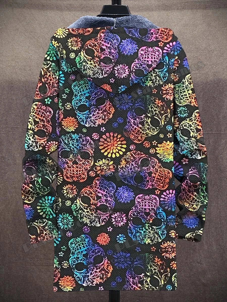 Hippie Colorful & Vintage Skull Pattern 3D Printed Men\'s Fashion Plush Thick Hooded Coat Winter Casual Warm zipper jacket CM22