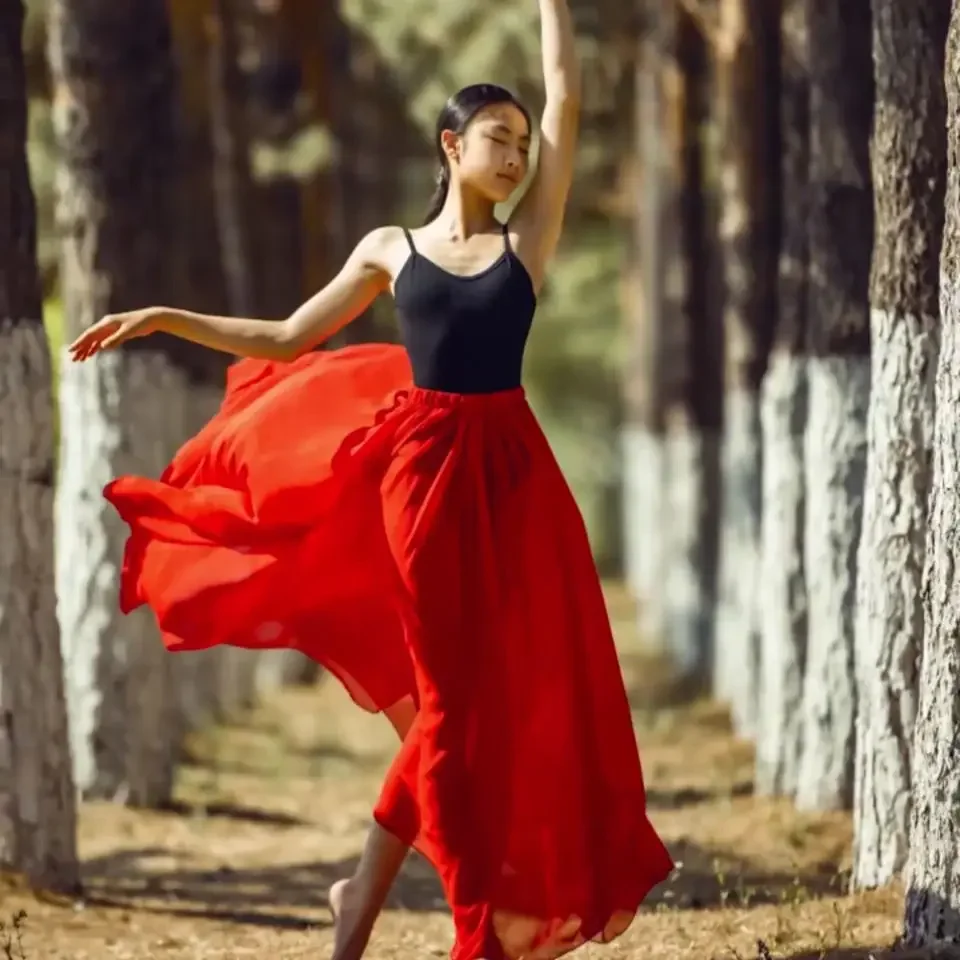 Nowa kolekcja damska na jesień i zimę 2022: elegancka długa spódnica do flamenco, tańca brzucha, cygańskiego, baletu i tańca klasycznego, w jednolitym kolorze, idealna na występy.
