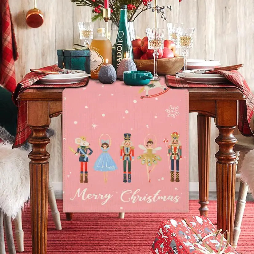 Christmas Nutcracker Pink Linen Table Runner Holiday Party Decor Winter Xmas Kitchen Dining Table Runner Christmas Decorations