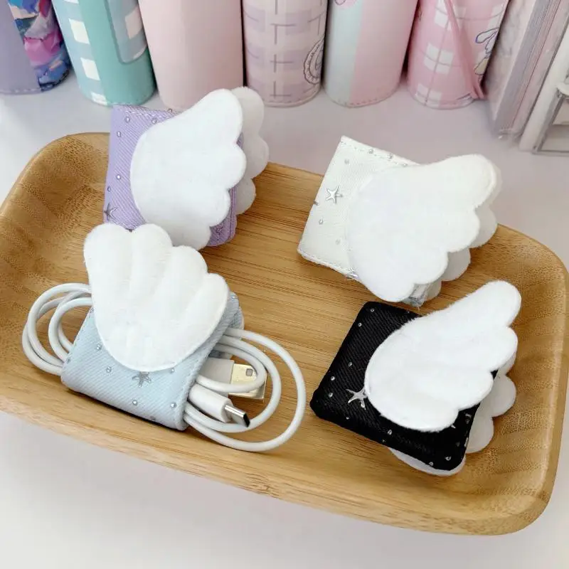 Angel Wing Data Cable Clip with Star Print Reusable Buckle for Organized Desk and Car Storage