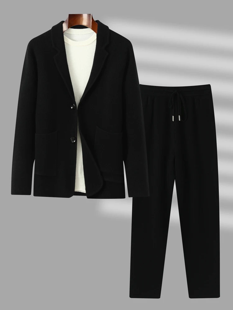 Formal Men's Sweater Business Suit Pants Set 100% Cashmere Cardigan Autumn Winter Sweater Coat Pencil Pant Thicked Coat Ensemble