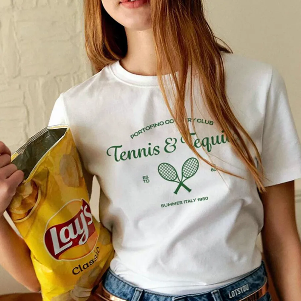 

Summer Tennis Club Printing Retro Style T Shirts Female Loose Cotton Short Sleeve White Tees Ins Fashion Round Neck Shirts