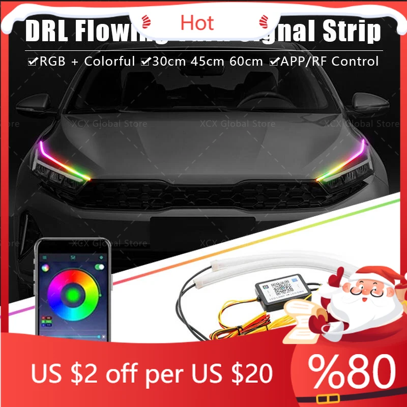 Диагностические инструменты, 2 шт., 30/45/60 см, RGB светодиодные DRL, дневные ходовые огни, плавные указатели поворота, управление через приложение, светодиодные полосы для фар Диагностические инструменты, 2 шт., 30/45/60 см, RGB светодиодные DRL, дневные ходовые огни, плавные указатели поворота, управление через приложение, светодиодные полосы для фар