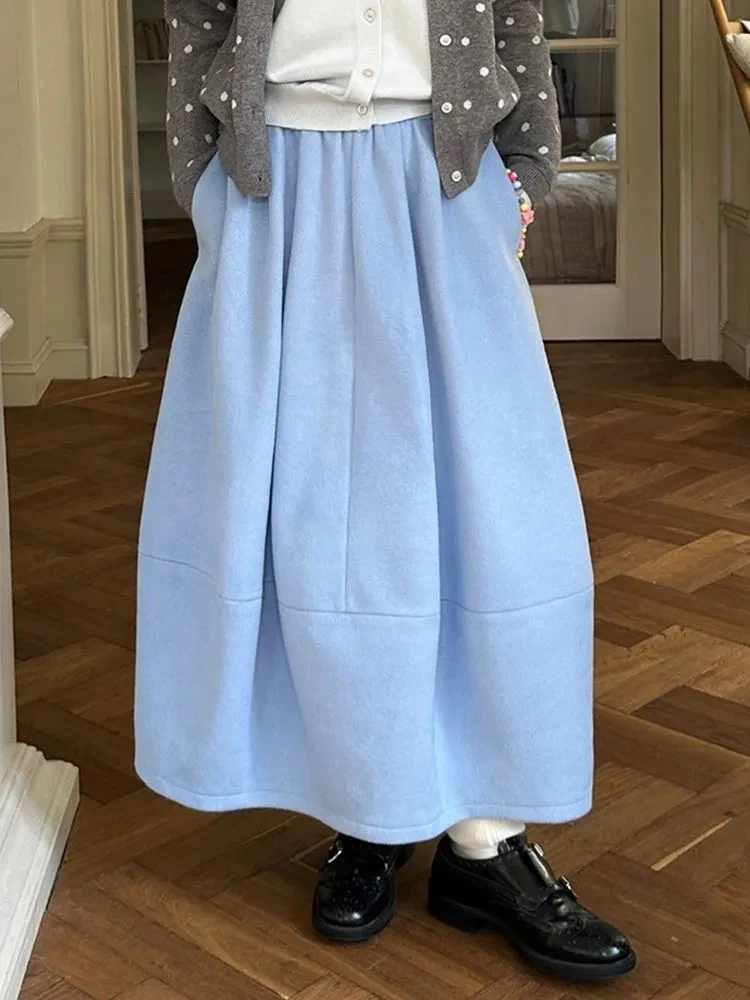 

Blue Sweet Midi Skirt Women Autumn Winter High Waist Preppy Casual Bud Skirts Loose All Match Student Korean Simple Chic Skirt