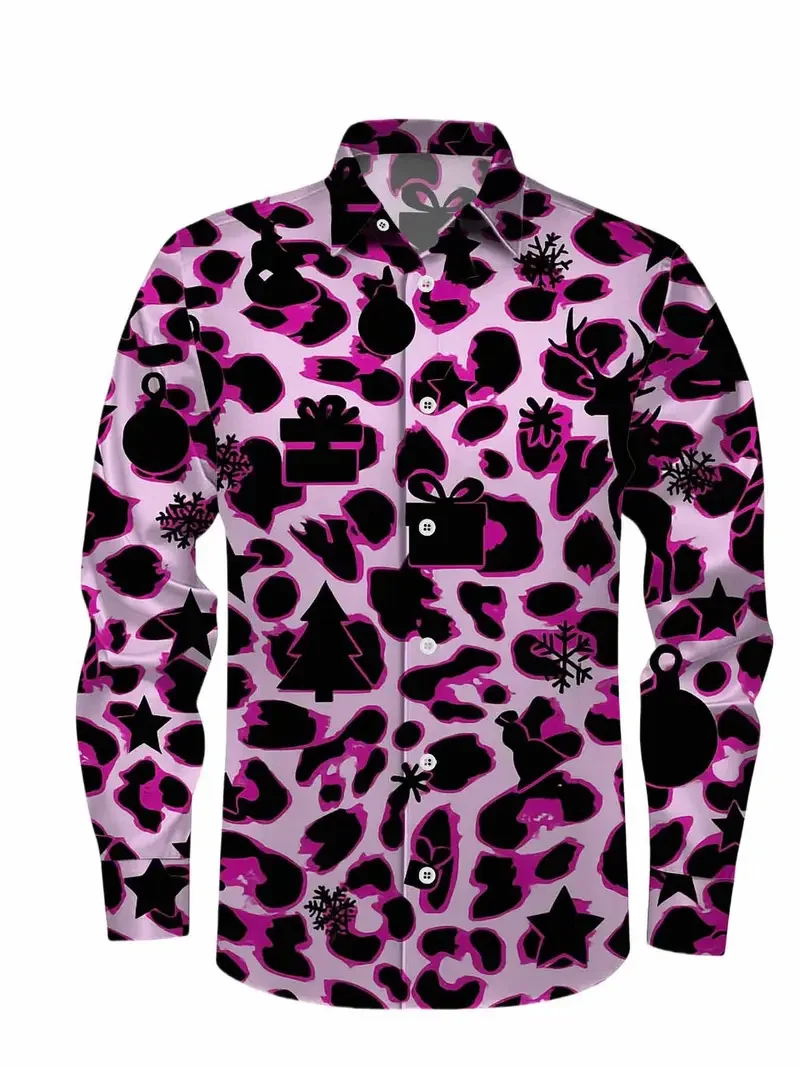 เสื้อเชิ้ตลายกวางเรนเดียร์สำหรับผู้ชายลายคริสต์มาส เสื้อเชิ้ตแขนยาวลายคริสต์มาส เสื้อเชิ้ตผู้ชายแฟชั่น