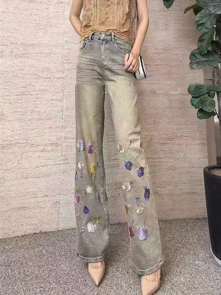 

Джинсы женские, осень 2021, новые художественные ретро, тяжелая промышленность, горячее тиснение, с высокой талией, утягивающие прямые широкие брюки