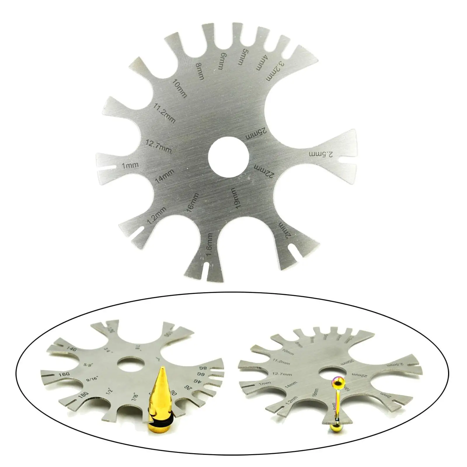 Medidor de piercings de joias corporais, medidor de ferramenta de medida profissional de aço inoxidável