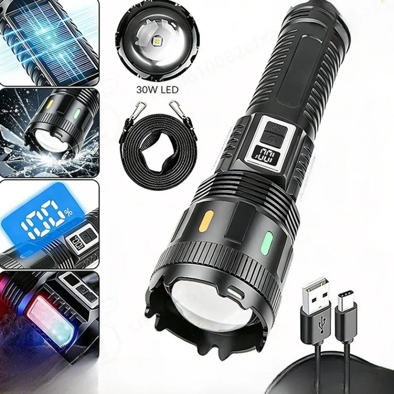 Solar USB Charging White Laser Flashlight Aluminum Alloy Bright Torch Long‑endurance Outdoor Handheld Light